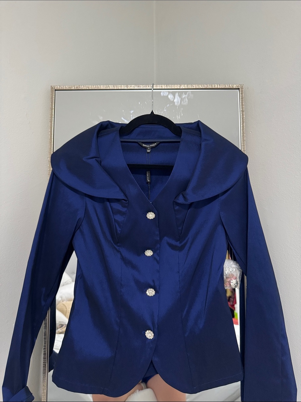Samuel Dong Royal Blue Satin Formal Jacket with Decorative Buttons